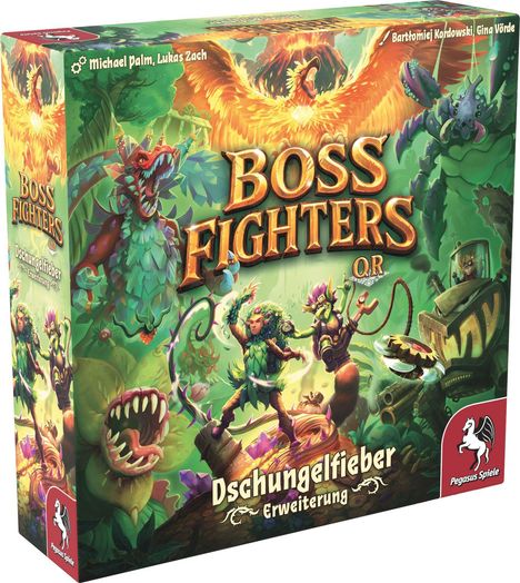 Das Cover zeigt den Schriftzug "Boss Fighters Q.R", "Dschungelfieber Erweiterung". Illustration: Fantasie-Abenteurer im Dschungel.
