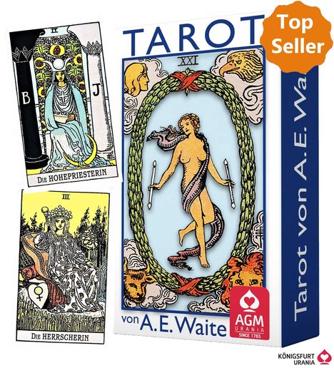 "Top Seller", "Die Hohepriesterin", "Die Herrscherin", "TAROT", "von A.E. Waite". Tarotkarten-Illustrationen und Verpackung.