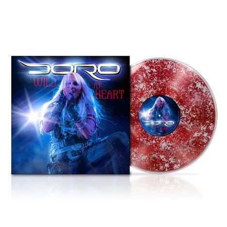 "DORO WILD AT HEART" auf einem Albumcover mit einer Sängerin und einer rot-weißen Vinyl-Schallplatte.