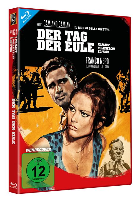 "DER TAG DER EULE" und "Regie: Damiano Damiani" auf einem roten Blu-ray Cover mit Illustrationen von Menschen.