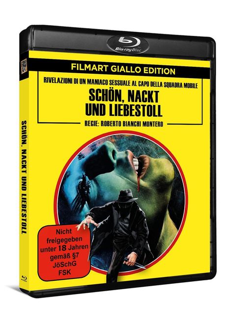 Text: "FILMART GIALLO EDITION, SCHÖN, NACKT UND LIEBESTOLL". Illustration zeigt eine dunkle Figur und Gesicht mit Mund.