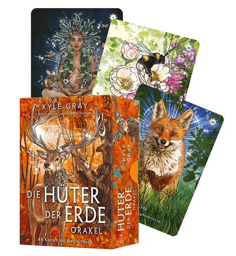 "Die Hüter der Erde Orakel" von Kyle Gray. Box zeigt einen Hirsch; Karten mit Fuchs, Biene, schwangerer Frau.