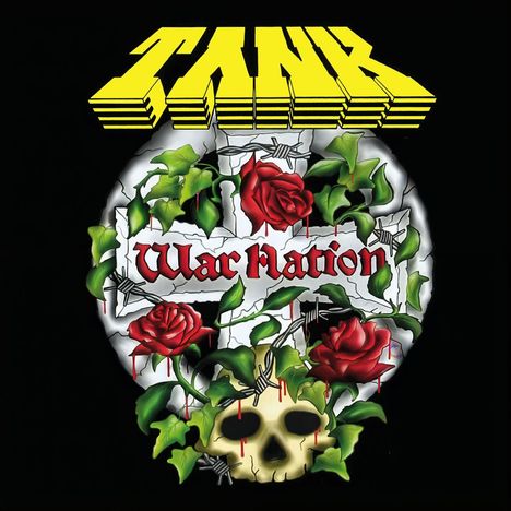 Text: "War Nation" und "TANK". Eine Illustration mit Rosen, Totenkopf und Stacheldraht auf schwarzem Hintergrund.