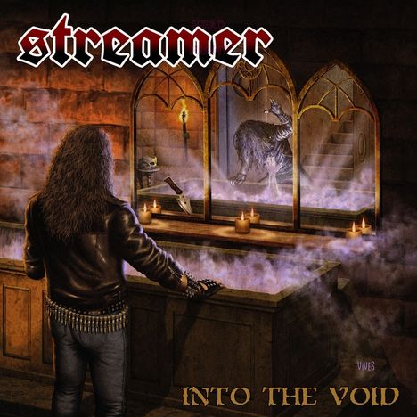 „streamer“ und „INTO THE VOID“ im Fokus. Ein Mann in Lederjacke steht an einem Spiegel, hinter dem ein mystisches Wesen erscheint.