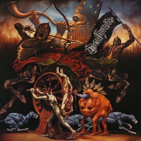 Der Text lautet "Destruction". Zu sehen ist eine dynamische Szene in dunklen Farben mit Kriegern, Kreaturen und einer Flagge.