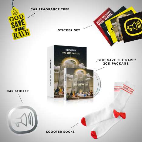 Scooter: God Save The Rave (Limited Deluxe Box), 2 CDs und 1 Merchandise