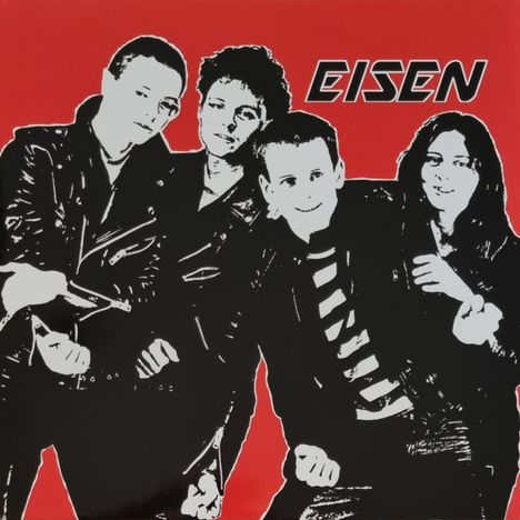 Oben rechts steht "EISEN". Vier Personen in Lederjacken lächeln, vor einem roten Hintergrund.