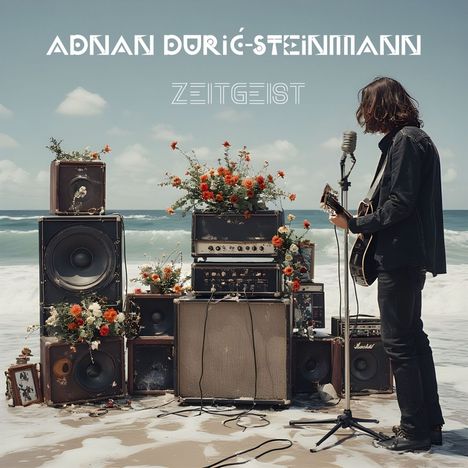 Text „ADNAN DURIĆ-STEINMANN“ und „ZEITGEIST“. Ein Musiker spielt Gitarre am Strand, umgeben von Verstärkern und Blumen.
