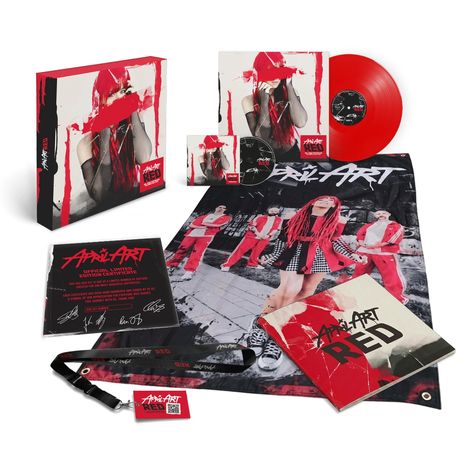 Texte: "April Art RED", "Official Limited Edition". Box mit Foto einer Person in rotem Outfit. Beinhaltet Vinyl, CD, Poster.