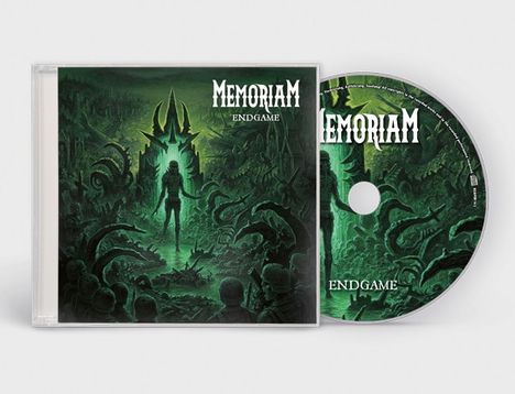 "MEMORIAM" und "ENDGAME" in weißer Schrift. Grüne, düstere Illustration einer Figur vor einem bedrohlichen Hintergrund.
