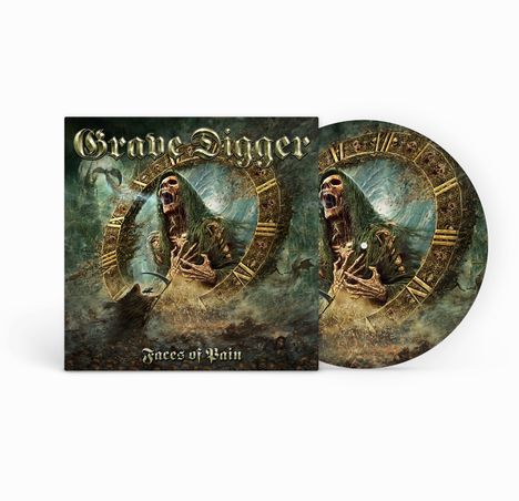 Logo "Grave Digger". Illustration: Skelettwesen mit Kapuze vor Uhr, apokalyptische Szene, Drachen im Hintergrund.
