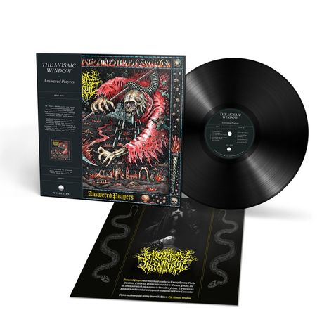 "THE MOSAIC WINDOW - Answered Prayers" Album mit Illustrationen eines Skeletts in rotem Umhang und einer schwarzen Vinylplatte.