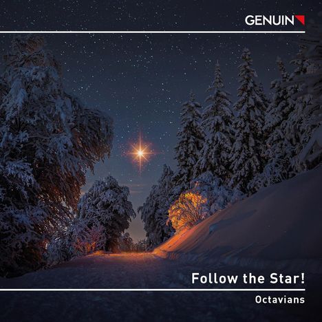 Text: "Follow the Star! Octavians". Winterlandschaft mit schneebedeckten Bäumen und einem strahlenden Stern am Himmel.
