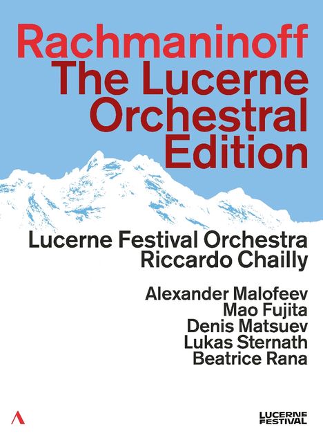 Text: "Rachmaninoff The Lucerne Orchestral Edition" über einer stilisierten Darstellung von Berggipfeln.