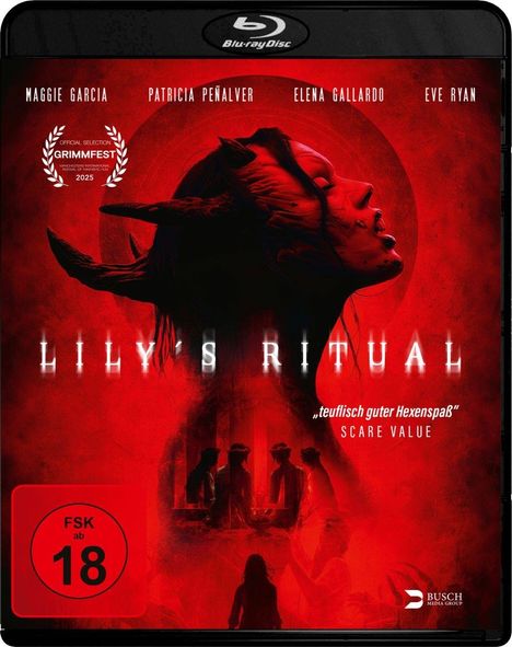 "Vorab-Cover", "FSK 16 beantragt", "LILY'S RITUAL". Roter Hintergrund, Frau mit Hörnern, Silhouetten von Menschen, mystische Atmosphäre.