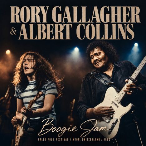 "RORY GALLAGHER & ALBERT COLLINS", "Boogie Jam", "Paleo Folk Festival, Nyon, Switzerland, 1983". Zwei Musiker mit Gitarren.