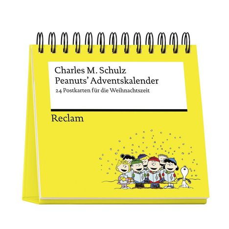 Text: "Charles M. Schulz Peanuts’ Adventskalender, 24 Postkarten für die Weihnachtszeit, Reclam." Illustration von Peanuts-Figuren im Schnee.