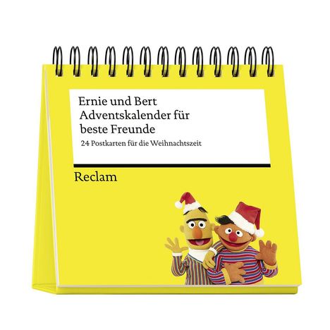 „Ernie und Bert Adventskalender für beste Freunde. 24 Postkarten für die Weihnachtszeit.“ Ernie und Bert mit Weihnachtsmützen.