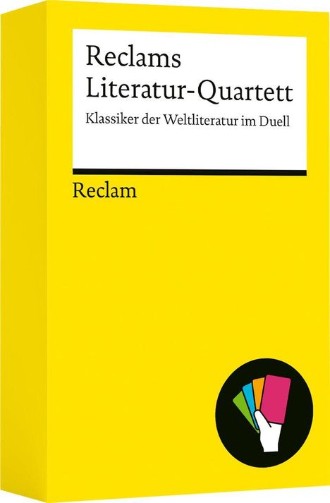 "Reclams Literatur-Quartett: Klassiker der Weltliteratur im Duell. Reclam. Gelber Hintergrund mit Karten-Logo."