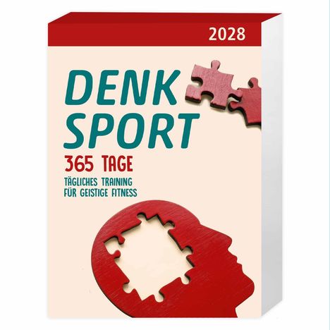 „Denk Sport“, „365 Tage“, „Tägliches Training für geistige Fitness“. Illustration eines Puzzleteils im Kopf.