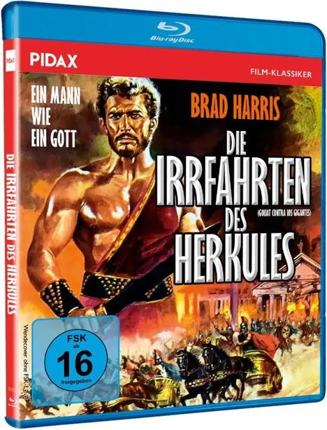 Ein muskulöser Mann in Rüstung, Kulisse mit brennenden Gebäuden. Texte: "Die Irrfahrten des Herkules", "Ein Mann wie ein Gott".