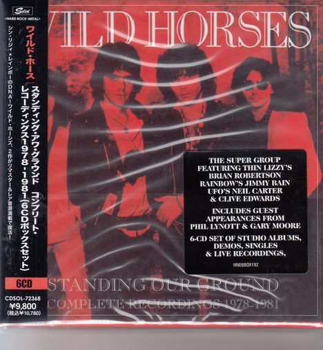 Text: "WILD HORSES", "THE SUPER GROUP...", "6-CD SET...", "STANDING OUR GROUND". Drei Männer vor rotem Hintergrund.