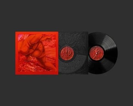 In der Mitte "SCARAB". Plattencover mit rotem Bild einer Figur. Schwarze Vinyl-Schallplatte und Hülle mit rotem Zentrum.