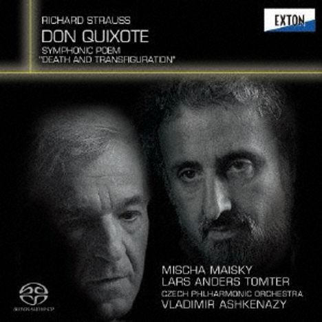 "Richard Strauss: Don Quixote, Symphonic Poem 'Death and Transfiguration', Mischa Maisky, Lars Anders Tomter, Czech Philharmonic Orchestra, Vladimir Ashkenazy." Zwei Männerporträts in Schwarz-Weiß.