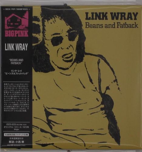 "LINK WRAY Beans and Fatback" in großen Buchstaben. Illustration von Person mit Sonnenbrille auf gelbem Hintergrund.