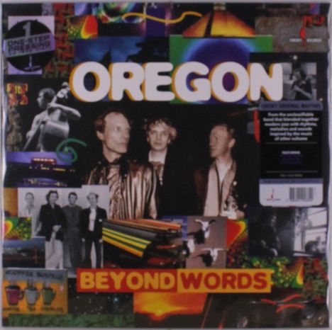 OREGON, BEYOND WORDS. Vintage-Foto von drei Männern in Lederjacken, umgeben von bunten, abstrakten Bildern und Collagen.