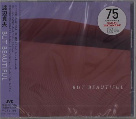 "75th Anniversary SADAO WATANABE," lila Band mit japanischem Text, "BUT BEAUTIFUL." Schlichte, abstrakte Kunst in Rot- und Lilatönen.