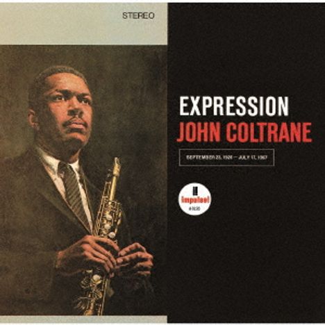 CD-Hülle mit "EXPRESSION JOHN COLTRANE" und japanischem Text. Ein Mann im Anzug hält ein Saxophon.
