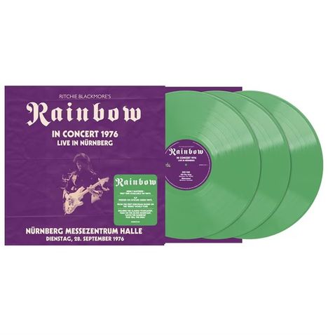 "Rainbow In Concert 1976 Live in Nürnberg." Drei grüne Schallplatten, lila Hülle mit Gitarrist und Text über Konzertdetails.