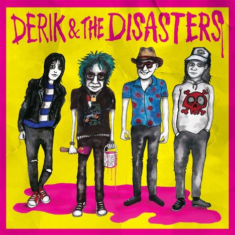 "DERIK & THE DISASTERS". Vier Comicfiguren vor gelbem Hintergrund mit pinkem Rand. Sie wirken punkig und unkonventionell.