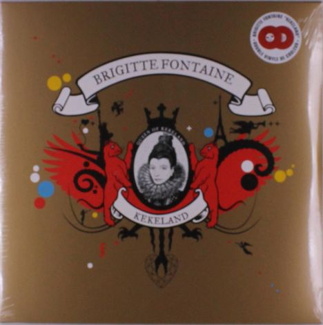"BRIGITTE FONTAINE" und "KEKELAND" auf Banner. Wappen mit rotem Vogel, schwarzem Muster, Bild einer Frau in der Mitte.