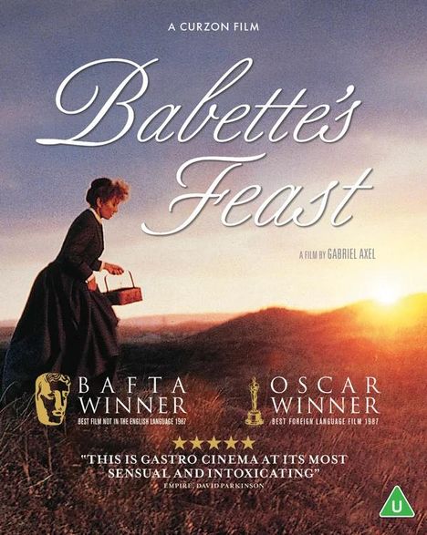 „Babette's Feast“, ein Film von Gabriel Axel. Auszeichnungen: BAFTA und Oscar. Frau mit Korb im Sonnenuntergang.