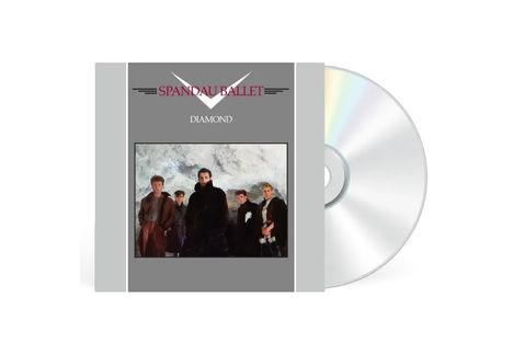 "SPANDAU BALLET DIAMOND" steht über einem Gemälde von fünf Männern in Winterkleidung, daneben eine silberne CD.