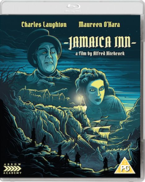„Charles Laughton, Maureen O’Hara, Jamaica Inn, a film by Alfred Hitchcock“. Zwei gezeichnete Gesichter, dramatische Küstenlandschaft.
