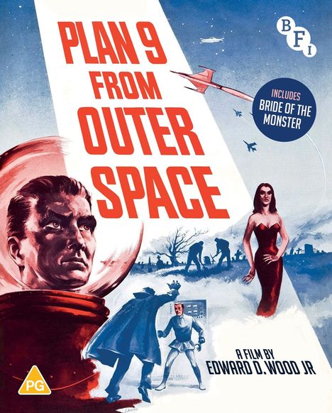 "PLAN 9 FROM OUTER SPACE", "INCLUDES BRIDE OF THE MONSTER", "A FILM BY EDWARD D. WOOD JR". Illustration: UFO, Mensch, Frau, Roboter.