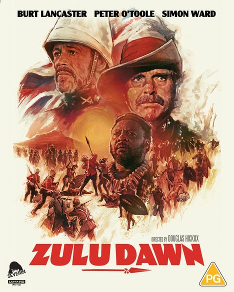 "Burt Lancaster, Peter O'Toole, Simon Ward. Zulu Dawn. Directed by Douglas Hickox." Mehrere Figuren in Kriegsszenen.