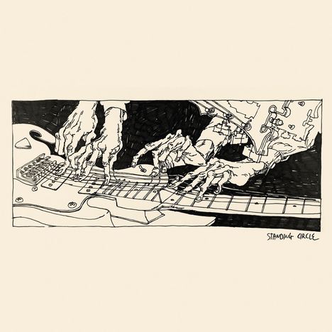 Text: "STANDING CIRCLE". Illustration von knochigen Händen, die eine E-Gitarre spielen.