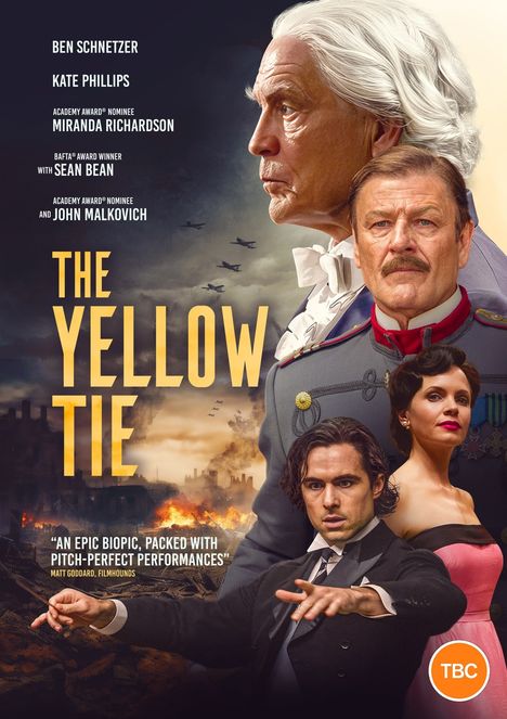 Text: "The Yellow Tie", "An epic biopic, packed with pitch-perfect performances". Collage aus Charakteren und einer Kriegslandschaft.