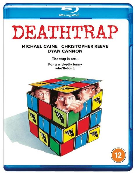 Titel: "DEATHTRAP". Namen: MICHAEL CAINE, CHRISTOPHER REEVE, DYAN CANNON. Ein Rubik's Cube mit Köpfen statt Farben.