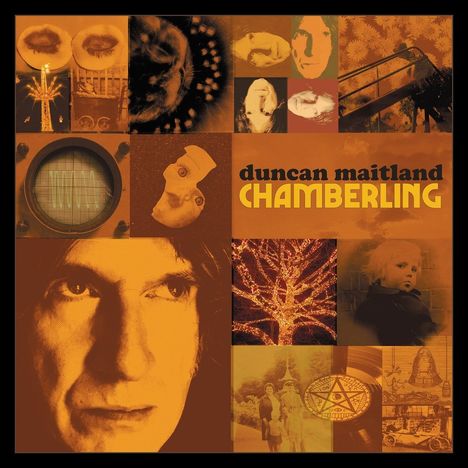 "duncan maitland CHAMBERLING." Collage mit vintage Fotos und Illustrationen in warmen Orange- und Brauntönen.