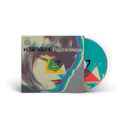 Text: "Kosmische Psychédélique". Buntes CD-Cover mit retro-futuristischem Porträt einer Person mit Brille.