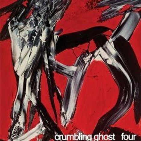 Text: "crumbling ghost four". Abstrakte Kunst mit schwarzen und weißen Pinselstrichen auf rotem Hintergrund.