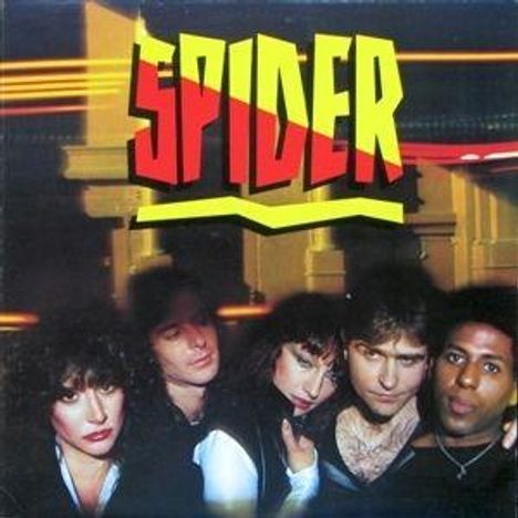 Text "SPIDER" in großen Blockbuchstaben. Darunter fünf Personen, eng zusammen, vor unscharfem Hintergrund.