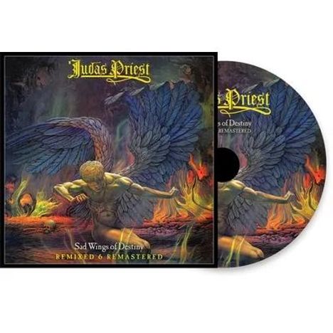 "Judas Priest", "Sad Wings of Destiny", "Remixed & Remastered". Illustration eines Engels mit ausgebreiteten Flügeln in Flammen.