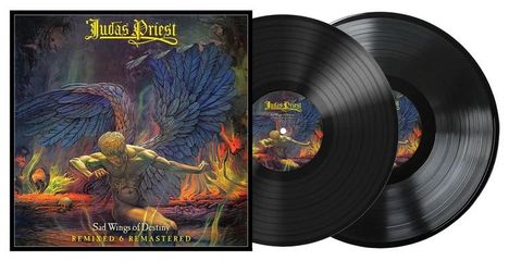 Text: "Judas Priest", "Sad Wings of Destiny", "Remixed & Remastered". Illustration: Engel kniend vor Flammen, dunkle Farbe. Zwei Vinyl-Schallplatten.