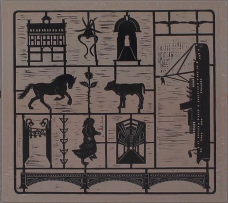 Illustration: Mehrere schwarze Grafiken auf beigem Hintergrund, darunter ein Pferd, eine Blume, ein Gebäude und eine Brücke.
